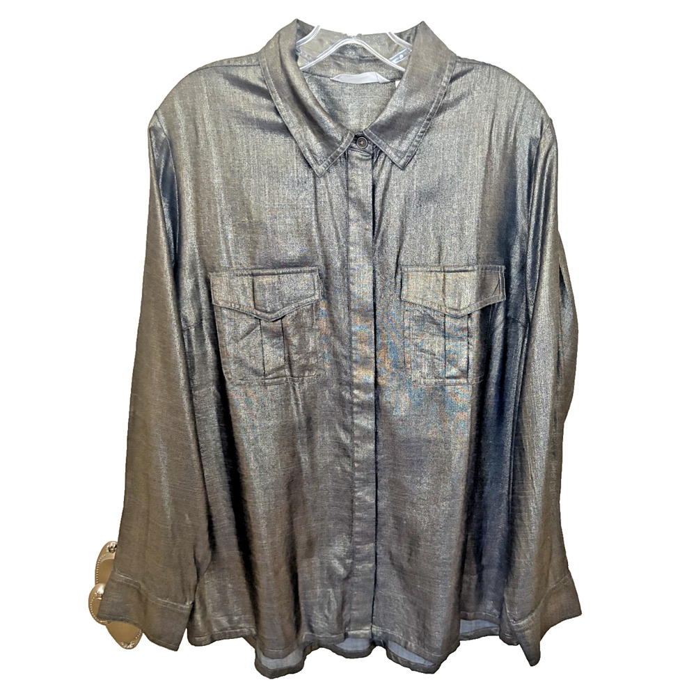 Soft Surroundings Top Sz XL Zaffina Metallic Gold Lyocell Accent Button down